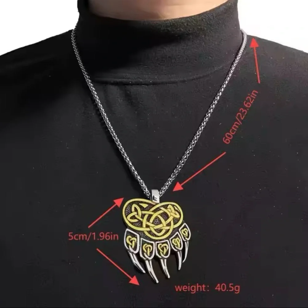 18K White & Gold Bear Claw Viking Celtic Pendant Necklace Witch Biker Unisex.